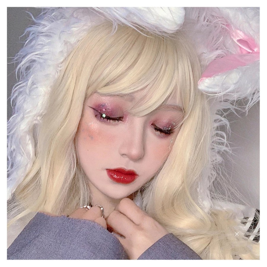 wig blonde wig curly blonde poni depan W1