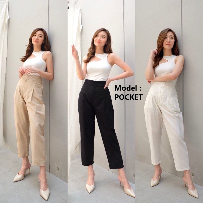 Celana Kulot Linen Resleting Kancing Celana Rami Wanita Highwaist Premium