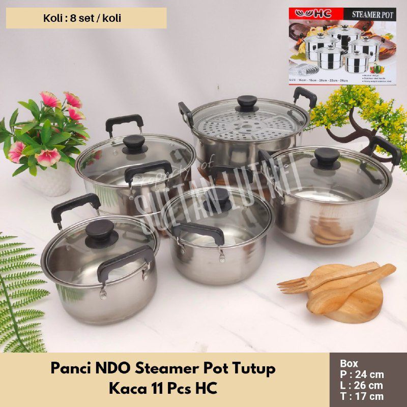 (COD) STEAMER POT 11 IN 1 / panci set 11pcs tutup kaca / High pot series 11pcs HC / panci kukus set 