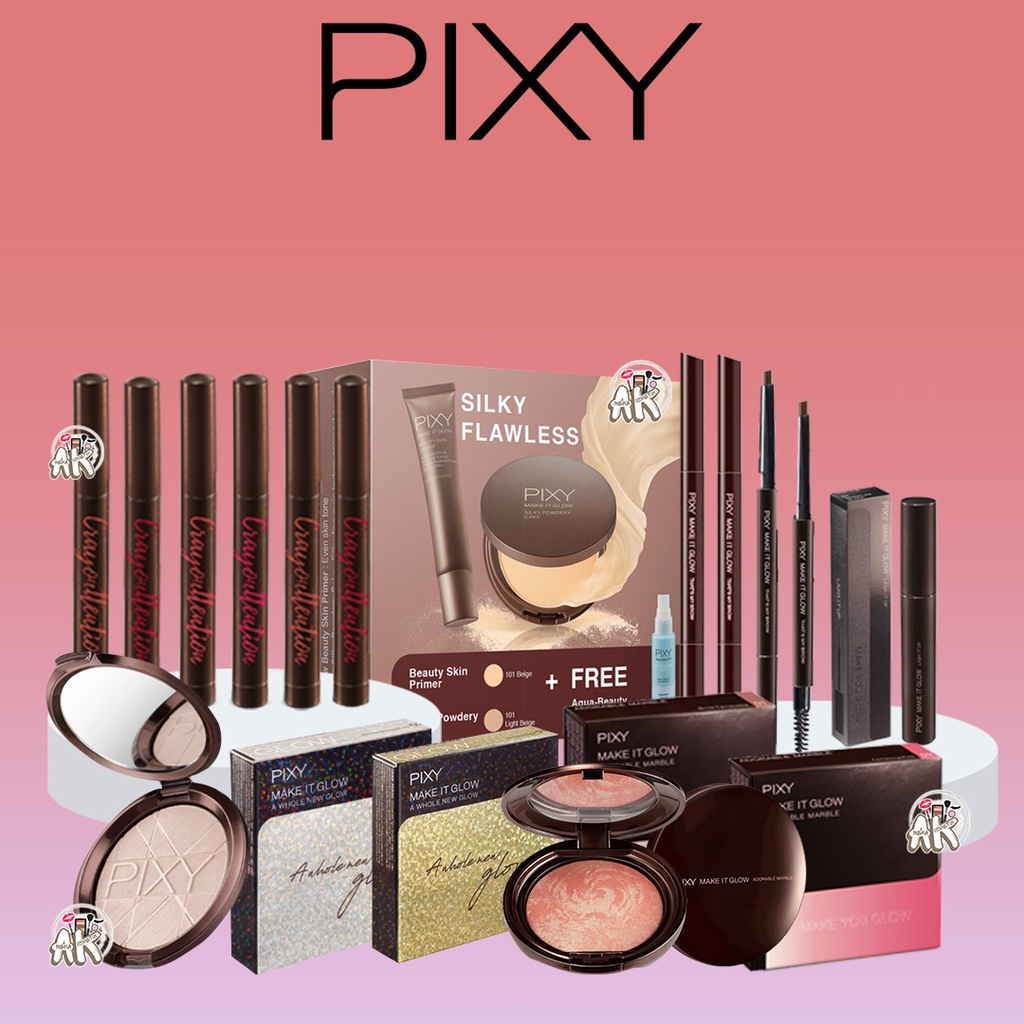 PIXY MAKE IT GLOW 3IN1 FREE AQUA MIST LINE IT OUT, THATS MY BROW, LASH IT UP, BLUSH ON, HIGHLIGHTER