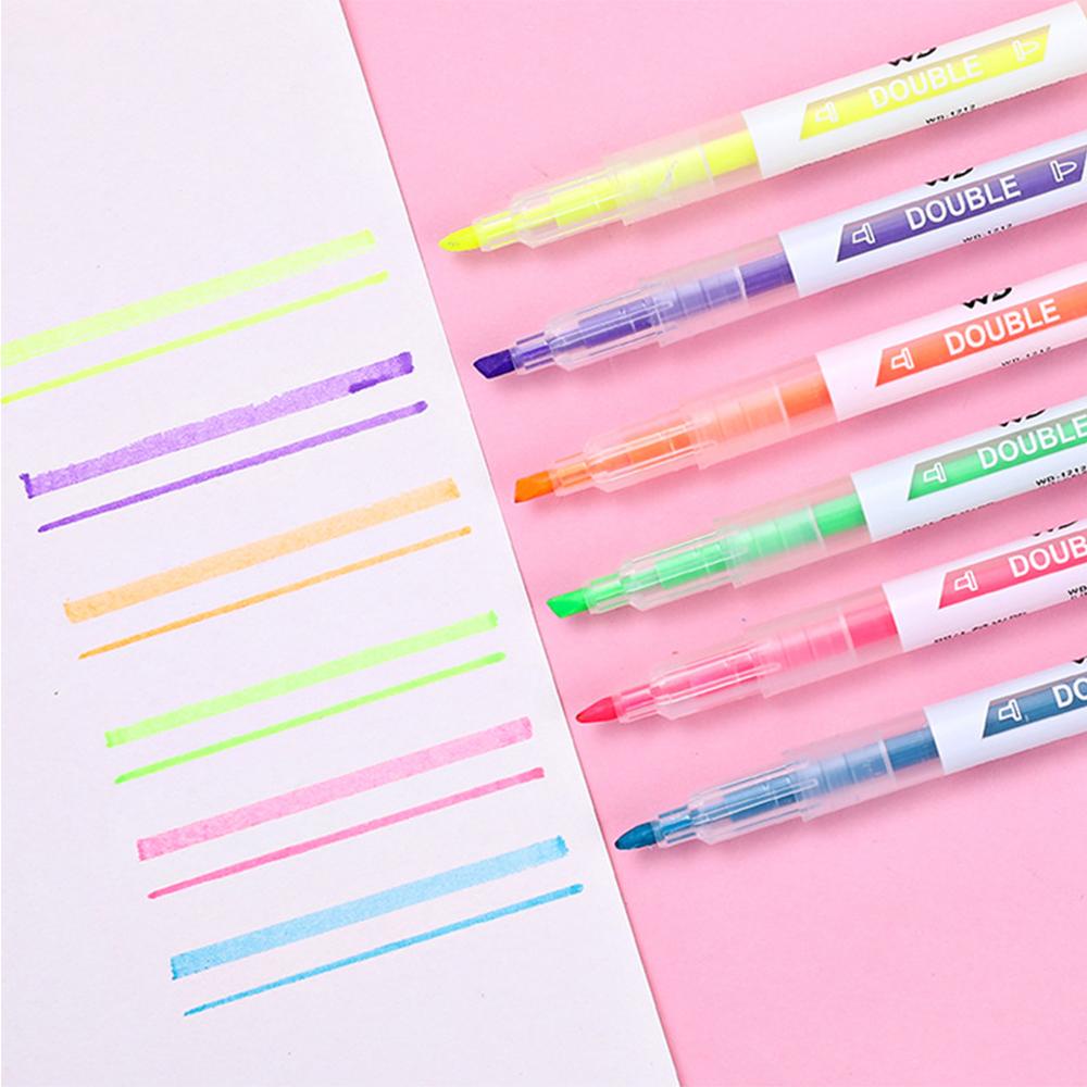 Timekey 3 / 6 Pcs Spidol Highlighter Dua Sisi Warna-Warni Untuk Sekolah / Kantor W8Y1