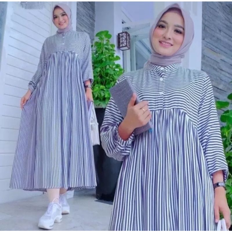 Midi Dress Tania// Dress Wanita Motif Salur// Dress Terbaru// Dress Murah Kekinian