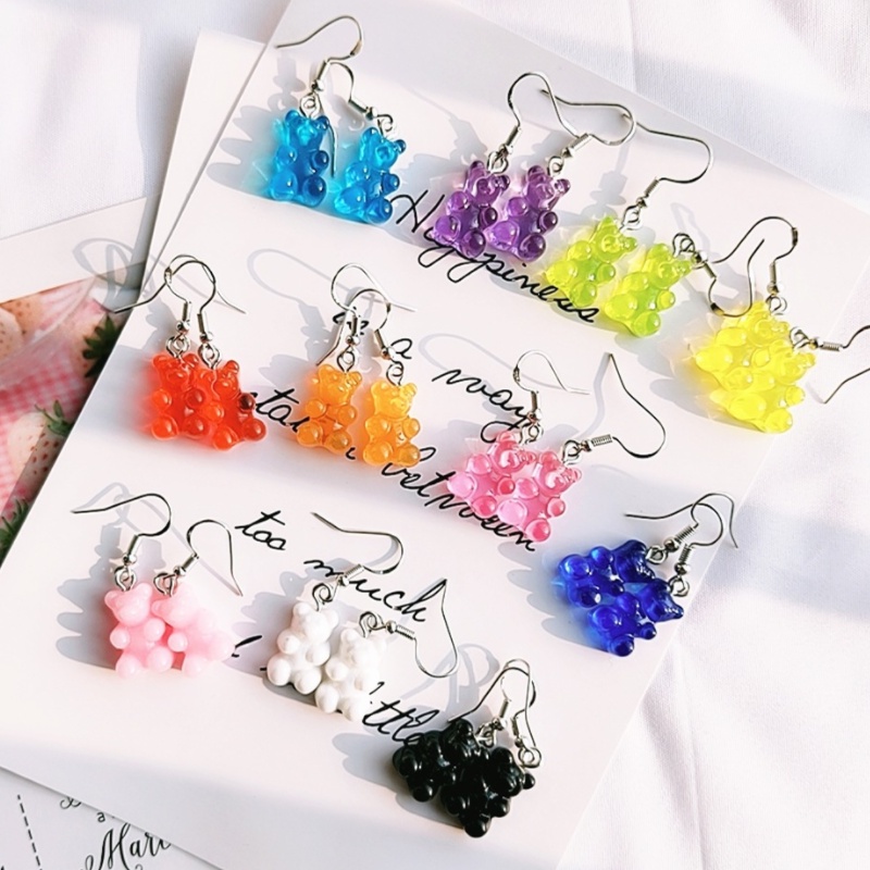 Anting stud Desain Kartun Beruang Gummy bear Warna Permen Transparan Buatan Tangan Gaya Jepang