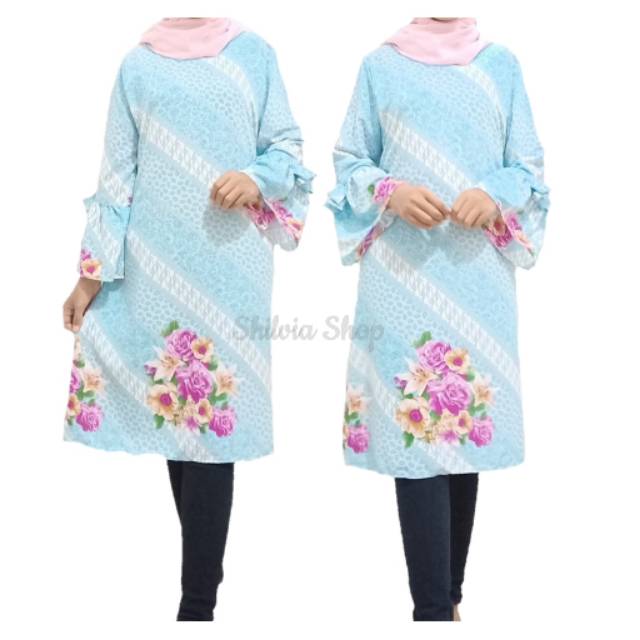 Tunik Batik Big Size Termurah, Tunik Wanita Big Size Motif Batik Warna Biru, Tunik Hijabers Jumbo