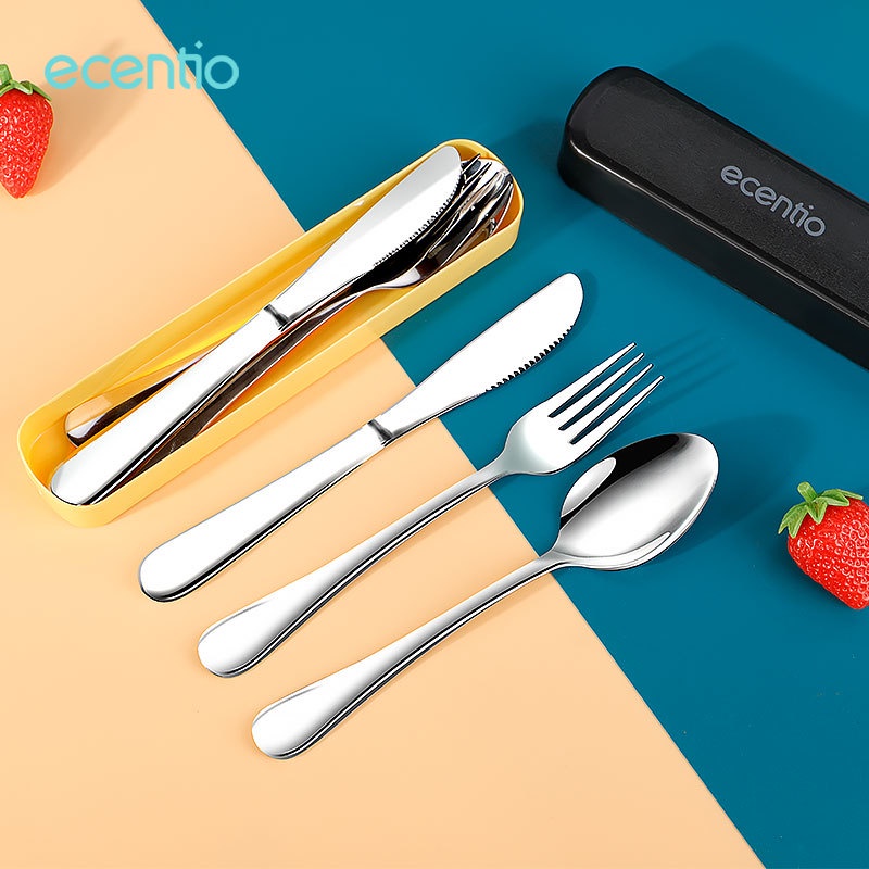 ecentio &amp; FOODI 3pcs sendok makan garpu Pisau set/Cutlery Set/alat makan korea/peralatan makan stainless steel dengan kotak hitam