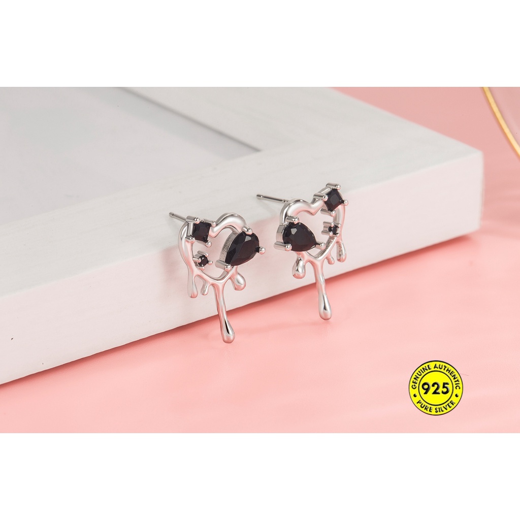Anting Tusuk Sterling Silver 925 Desain Hati Hias Berlian Hitam Untuk Wanita