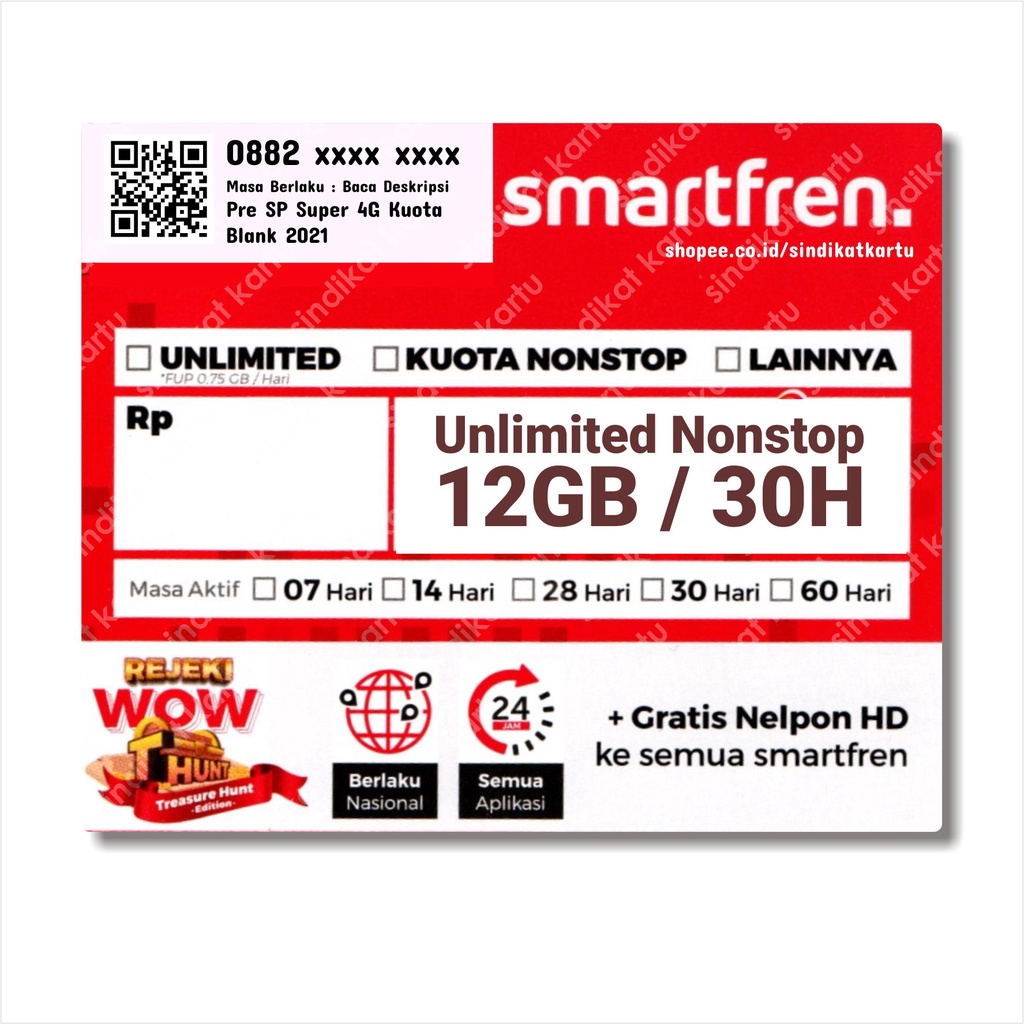 Perdana Smartfren UNLIMITED NONSTOP 12GB 30Hari