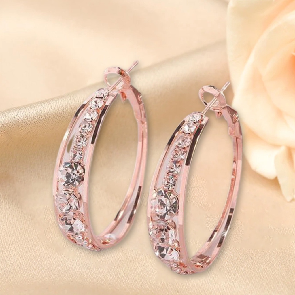 Hu Hu Hu Hu Hu Alat Bantu Pasang Kacamata♡ 1 Pasang Anting Hoop Berlian Imitasi Bentuk Lingkaran Warna Rose Gold Untuk Wanita