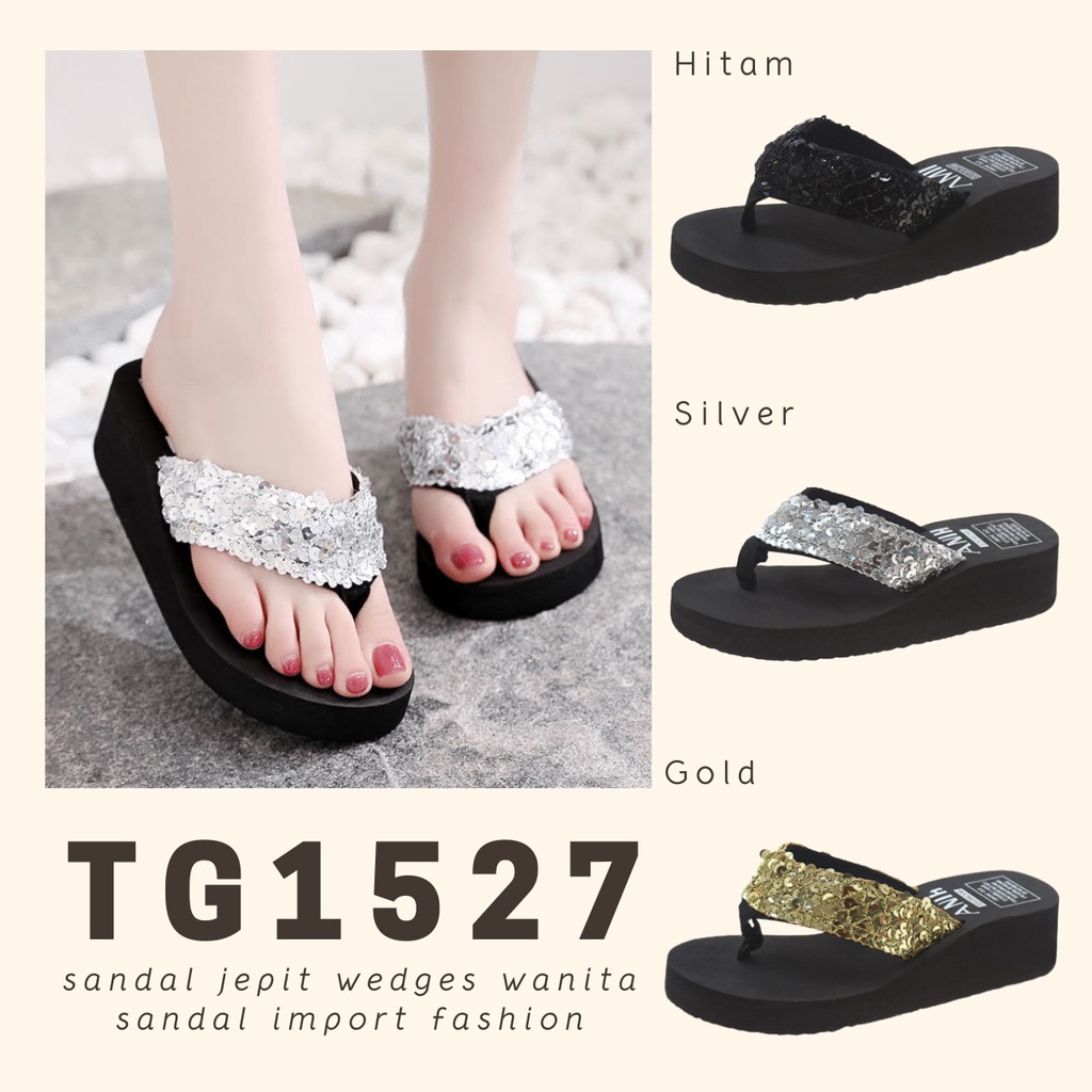 CUCI GUDANG TOPGROSIR TG1527 Sandal Jepit Gliter/Sequin Wedges Import Sandal Wanita