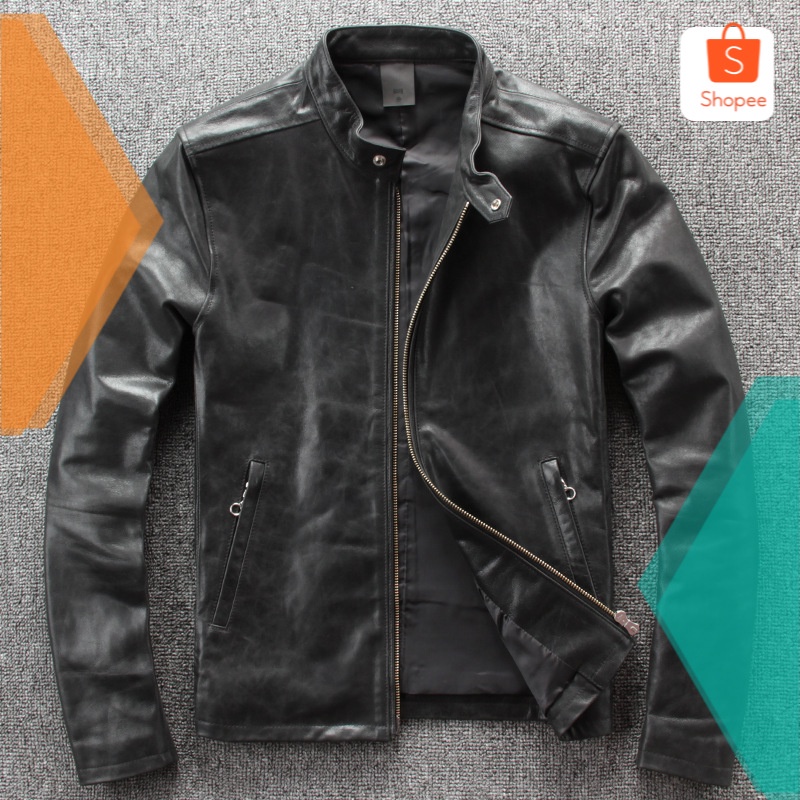 Jaket Kulit Pria  Asli Kulit Pakaian Pria Impor Samak Nabati Kulit Domba Stand-Up Kerah Slim Fit Rem