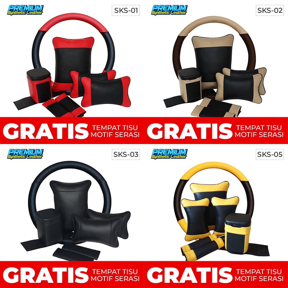 Set Bantal Mobil 5 in 1 plus Sarung Stir Mobil / Bantal Headrest Mobil