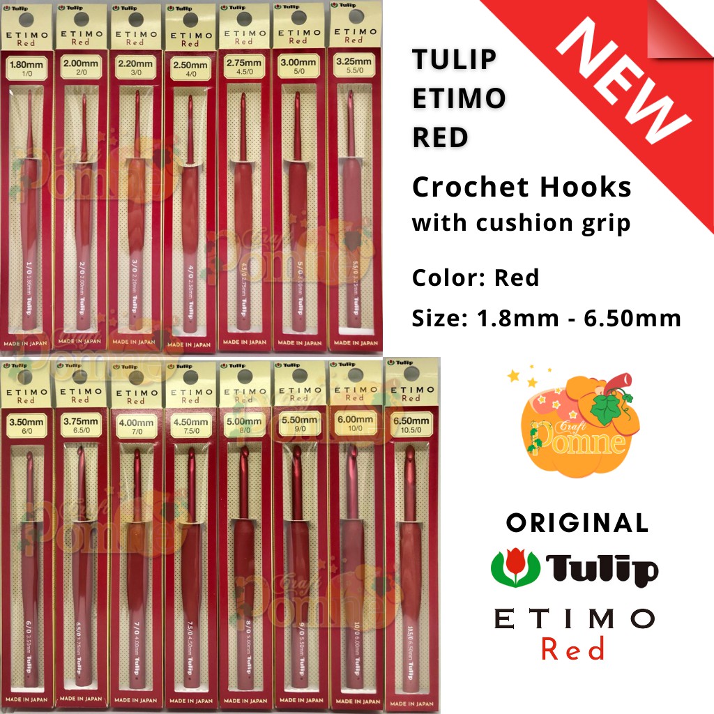 TULIP ETIMO RED (satuan) PREMIUM CROCHET HOOK MADE IN JAPAN Jarum Rajut Hakpen Crochet Hook with Cushion Grip