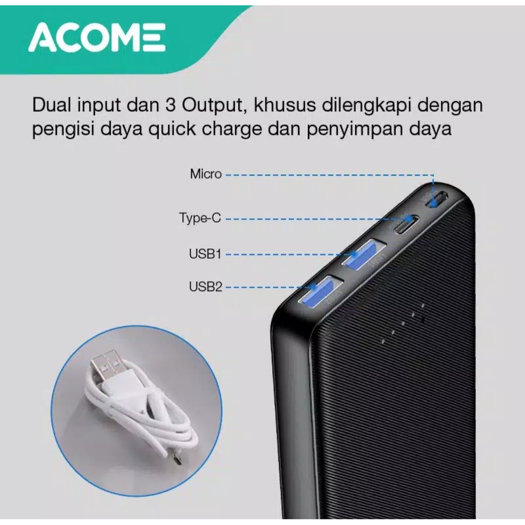 KHANZAACC ACOME AP104 POWERBANK 10000mAh 2 Input 3 Output Fast Charging PD QC3.0