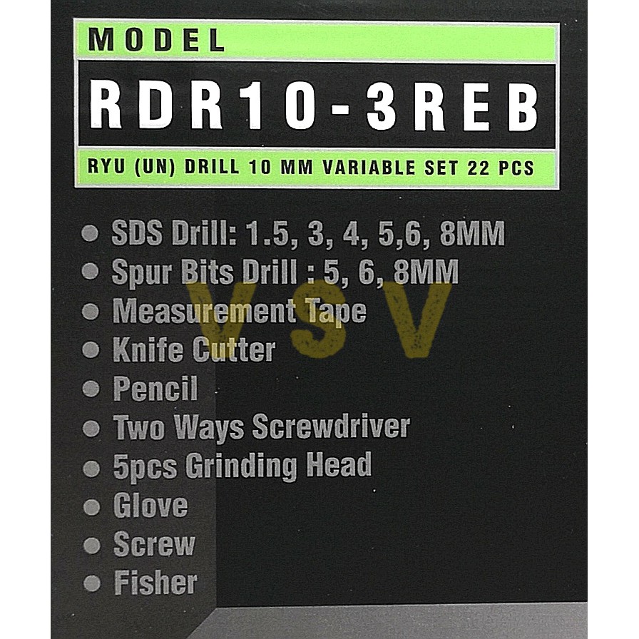 RYU MESIN BOR SET KOPER RDR 10-3 REB 10 mm set 22pc / bor set / mesin bor 10mm set (ga bisa buat TEMBOK /BETON)