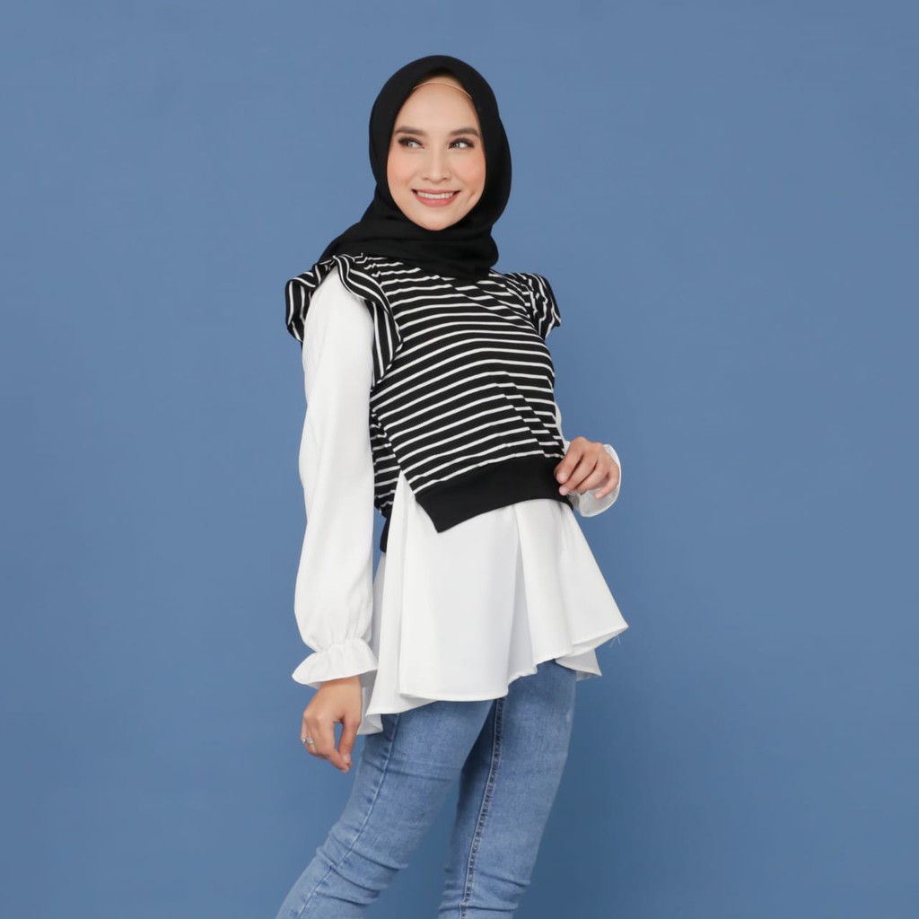 Tokomilkan - Pakaian Muslim Wanita Kemeja RUFFLE STRIP | Blouse CEWEK Bahan Moscrape