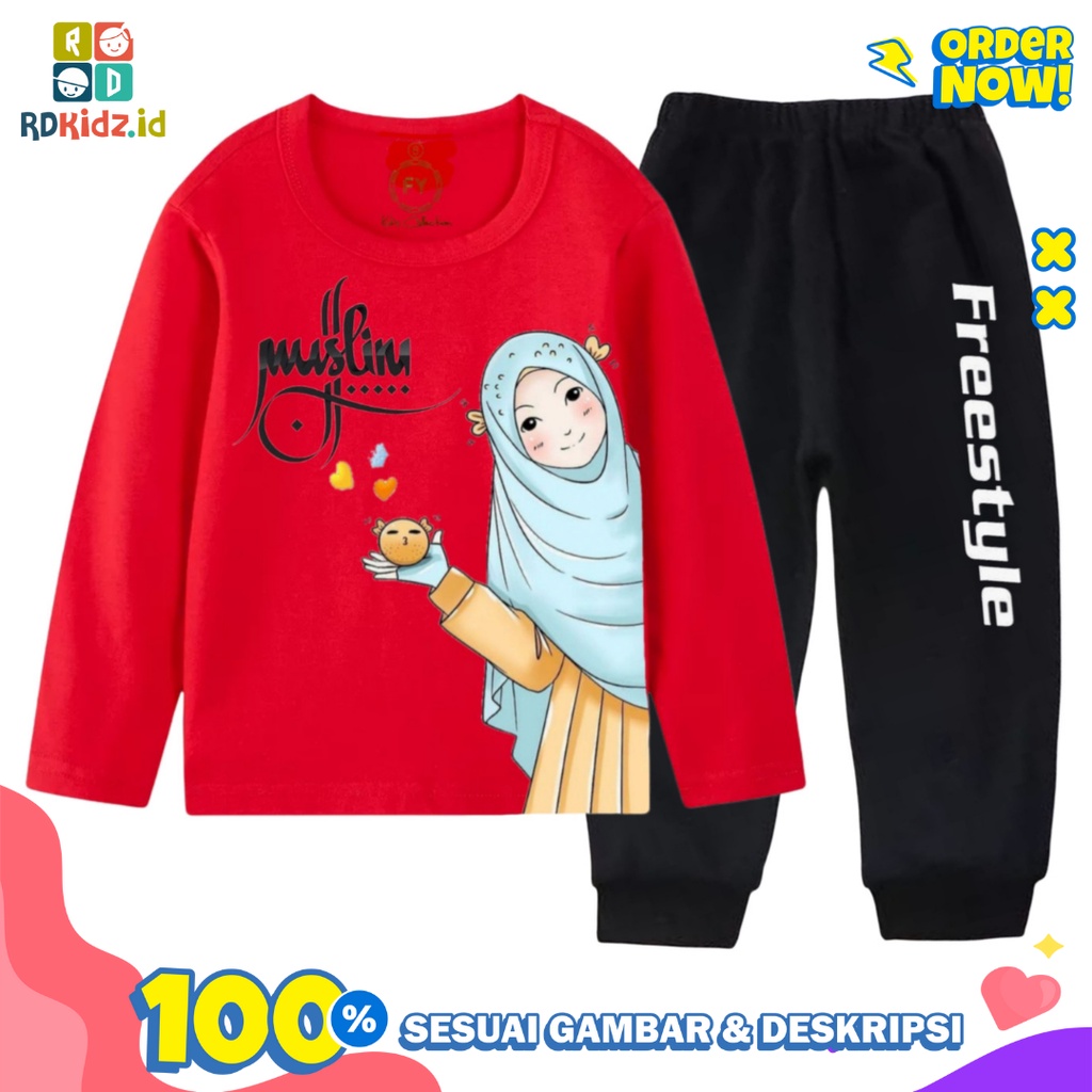 Rdkidzid Setelan Lengan Panjang Anak Perempuan Set Panjang Anak Perempuan Motif Muslim Merah