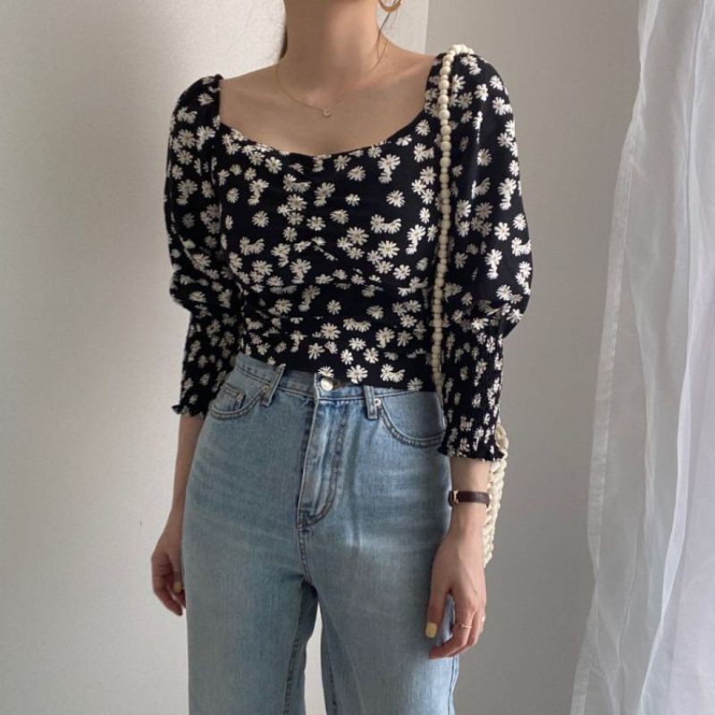 PAULA DAISY LONGSLEVEE - Blus Sabrina Wanita Lengan Puff Motif Bunga Daisy Gaya Korea Blouse Wanita-2