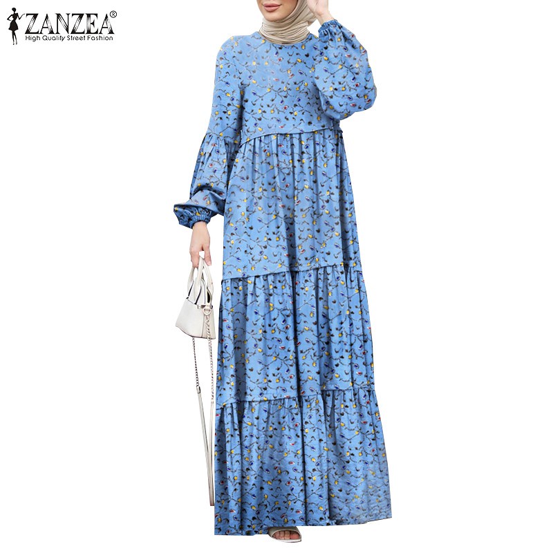 ZANZEA Women Long Sleeve Vintage Printed Tiered Long Muslim Dress