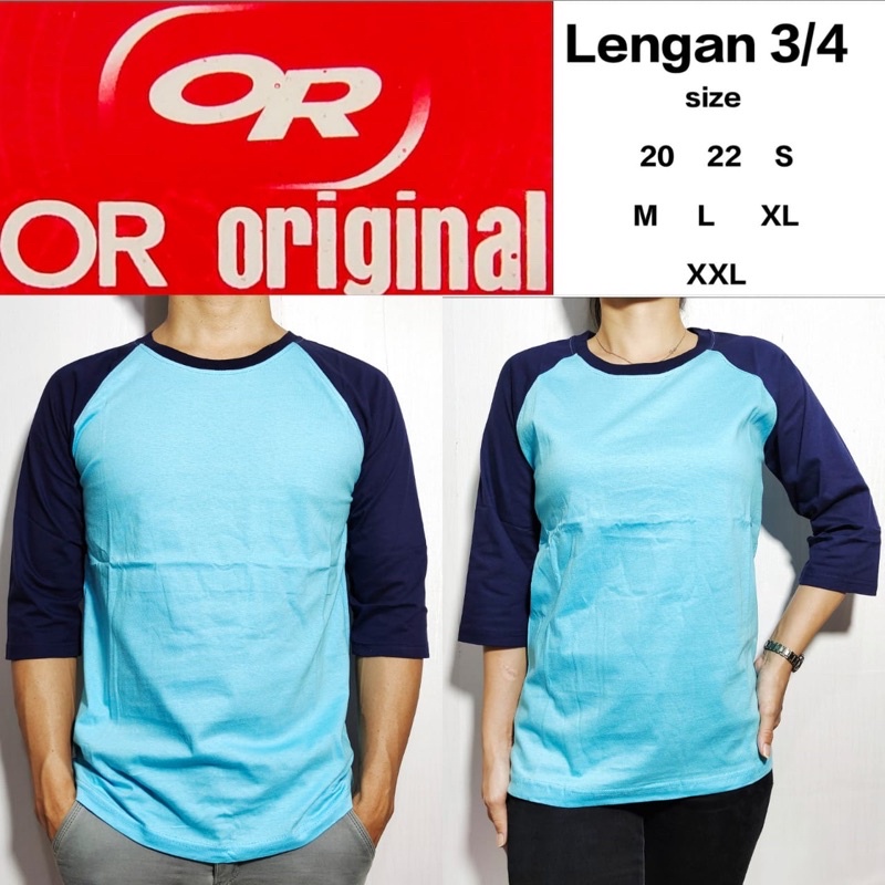 Kaos Polos Raglan Skyblue Lengan Navy 3/4 20 22 S M L XL XXL