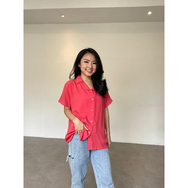 HAWAII SHIRT KEMEJA WANITA KATUN RAYON POLOS LENGAN PENDEK KERAH HEM KANCING TANGAN ALLSIZE GROSIR-4