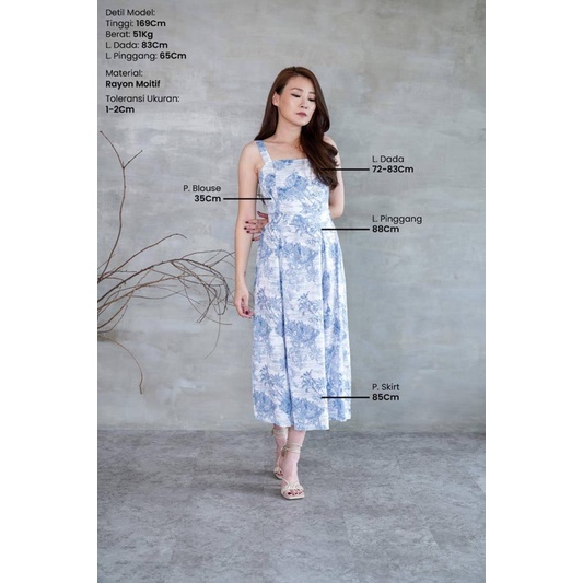 Midi Dress Blue Color/Blue Summer Long Dress/Dress Motif Bunga