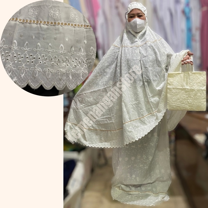 Mukena Dewasa Aisyah Katun Jepang Renda Kalung Katun Bordir Melati Bisa COD Gratis Tas