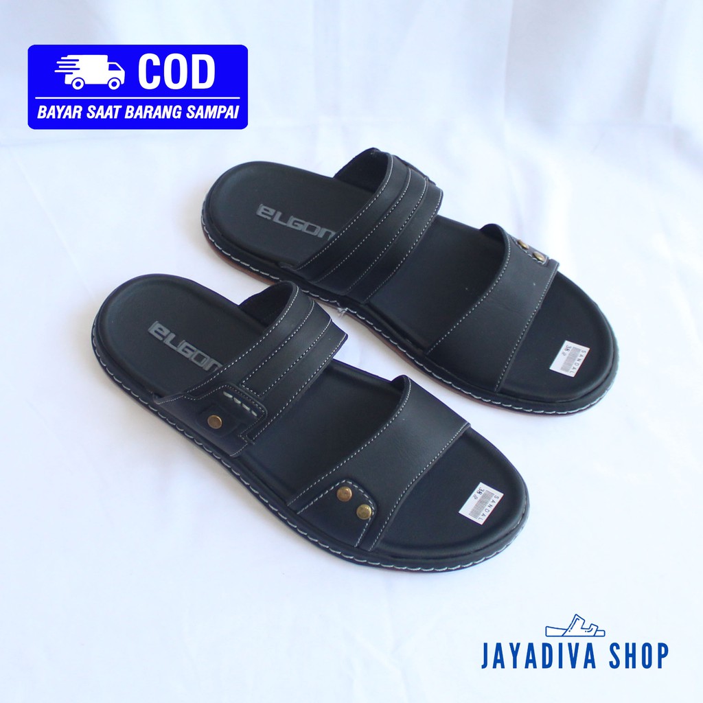 Sandal Tali Dua Semi Kulit/Sandal Merek Elgon/Fashion Sandal Pria Terbaru - Hitam