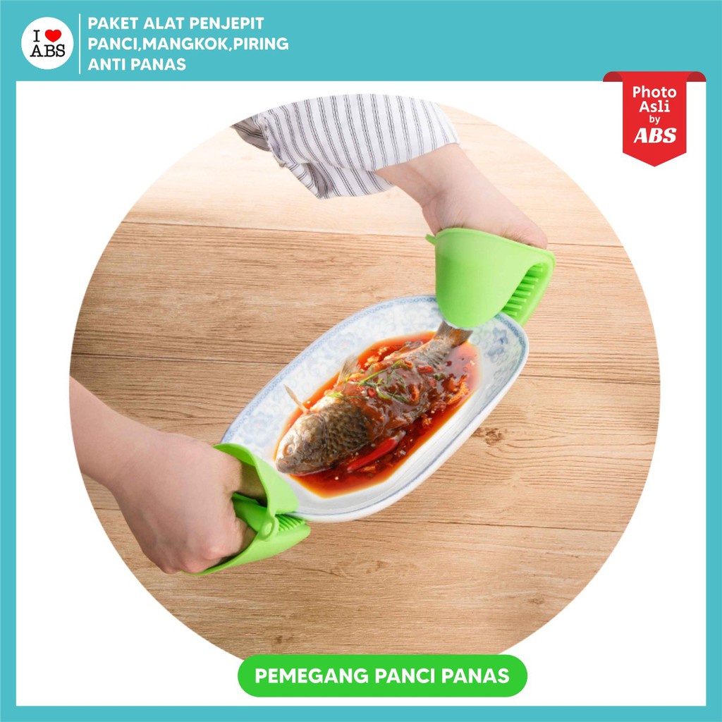 SET ANTI PANAS 5IN1 Penjepit mangkok piring sponge Silicone glove oven alat dapur super murah