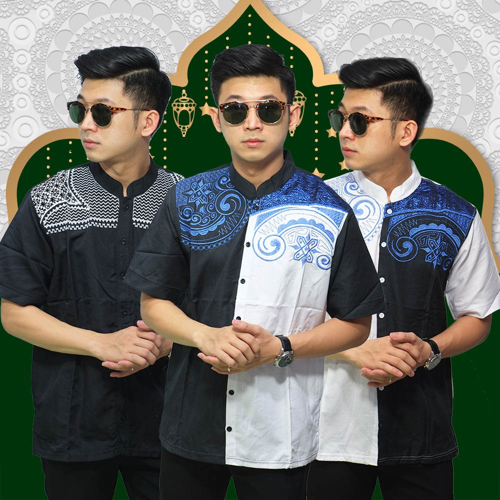 Baju Koko Lengan Pendek Kombinasi Motif Bordir - Baju Muslim Pria Dewasa Kemeja Koko Cowok