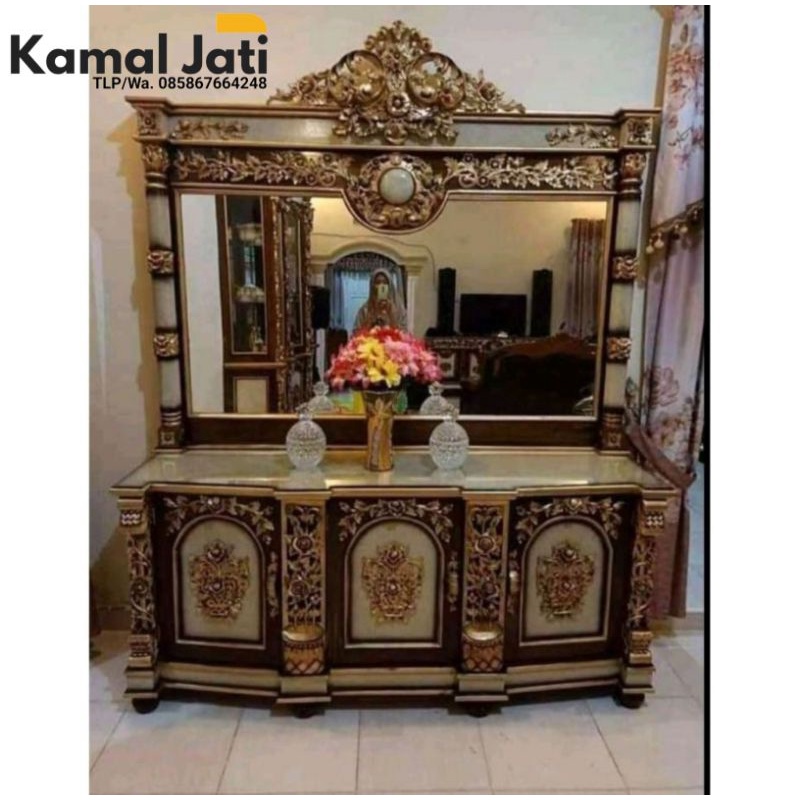almari hias ukir kayu jati, bufet ukir kayu jati, cermin ukir mewah (nakas, lemari, bufet)