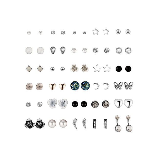 LRC Anting Set Fashion Silver Sun And Moon Star Alloy Stud Earrings 30 Pairs F83540