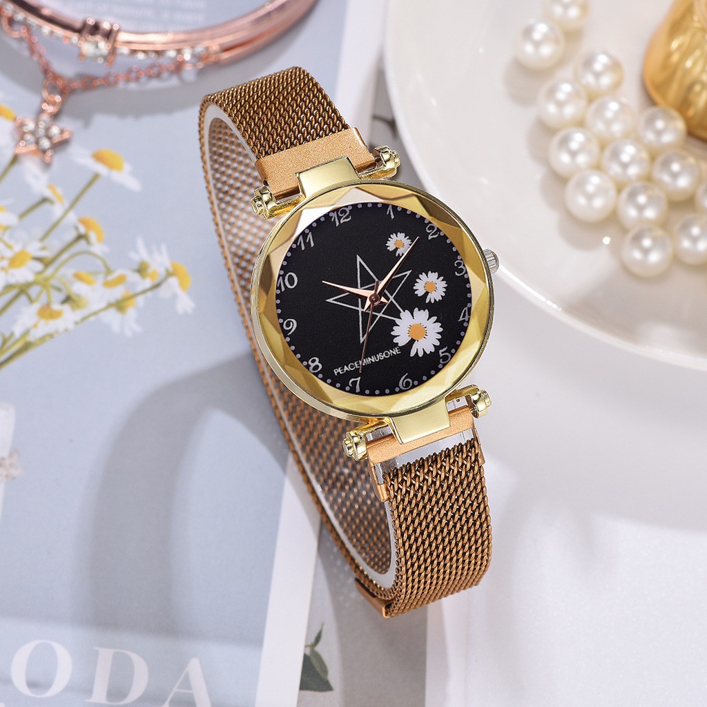 ELBER J174 Jam Tangan Rantai Wanita Jam Analog Motif Bunga Daisy-Gold