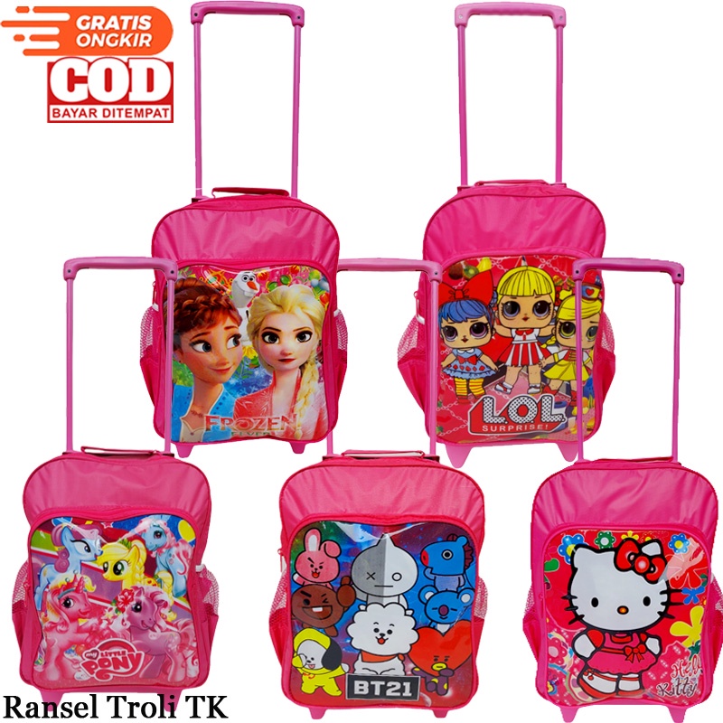 Tas Anak Perempuan TK,Tas Troli Anak tas dorong anak tas roda Little Pony ,Frozen ,LOL,B-t-21 tas troly anak