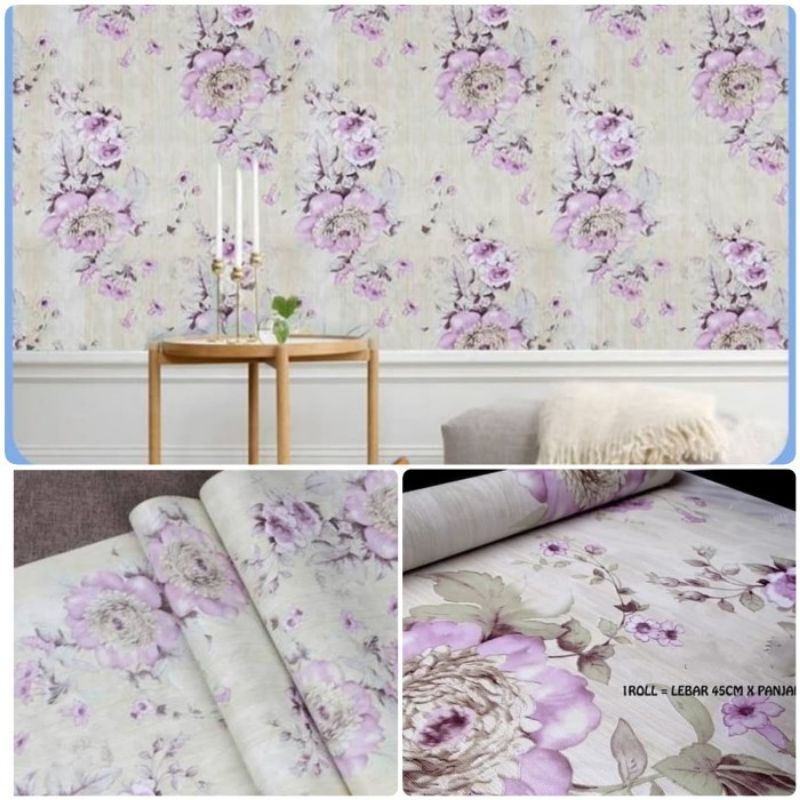 ( BELI 4 GRATIS 2 )Terlaris Wallpaper Sticker Wallpaper Dinding Ruang Tamu Motif Polos | Putih Salur Bunga | Cream | Abu Ungu Kuning Hijau Coklat Merah Pink Biru Batik Bunga Kembang Batu Bata 3D Kotak Segitiga Minimalis Garis Emas Tua Muda Murah-Bunga ungu CY
