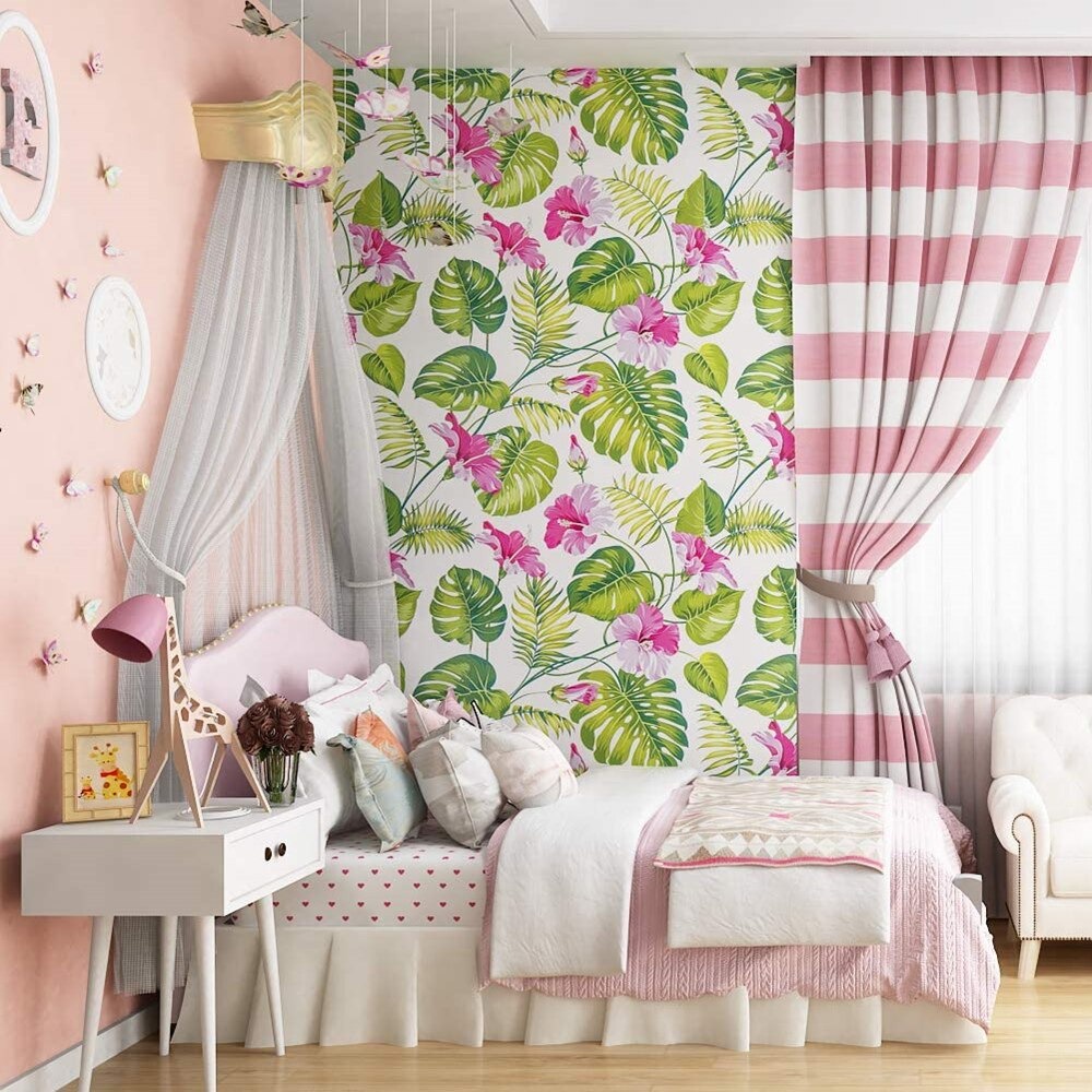 Wallpaper Dinding Daun Keladi Hijau  Bunga Pink Ukuran Panjang 10Meter x Lebar 45CM