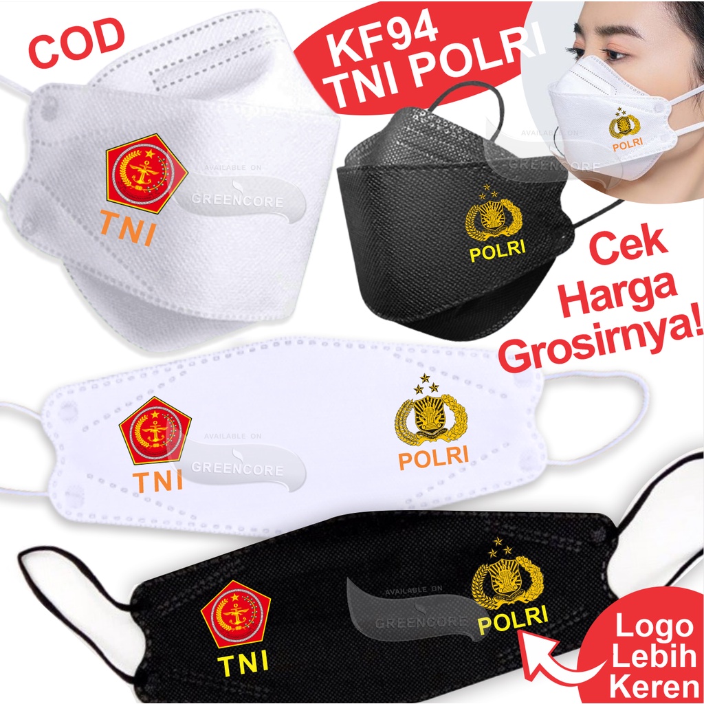 Masker tni polri terbaru polisi tentara aparat militer kf94 4 ply lapis 3d logo convex model evo kesehatan warna hitam putih wajah dewasa brimob tni AD AL AU ABRI paspampres bintara tamtama casis pns guru face mask earloop kf 94 non kn95 hijab kain grosir