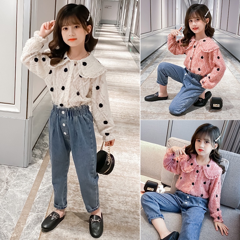 SSP36-Setelan Set Anak Remaja Besar Tanggung Perempuan Blouse+Jeans Feathery Set