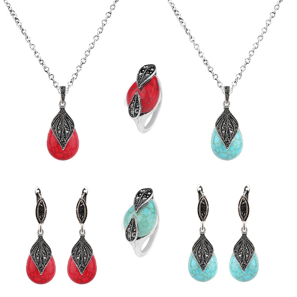 Hu Hu Hu Hu Hu Alat Bantu Pasang Kacamata♡ Set Antingkalungcincin Leaverback Vintage Desain Daun Hias Turquoise Imitasi Untuk Wanita