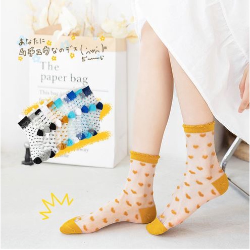 KKT 66-67 Kaos Kaki Korea Transparan Kekinian Motif Renda Polkadot Love