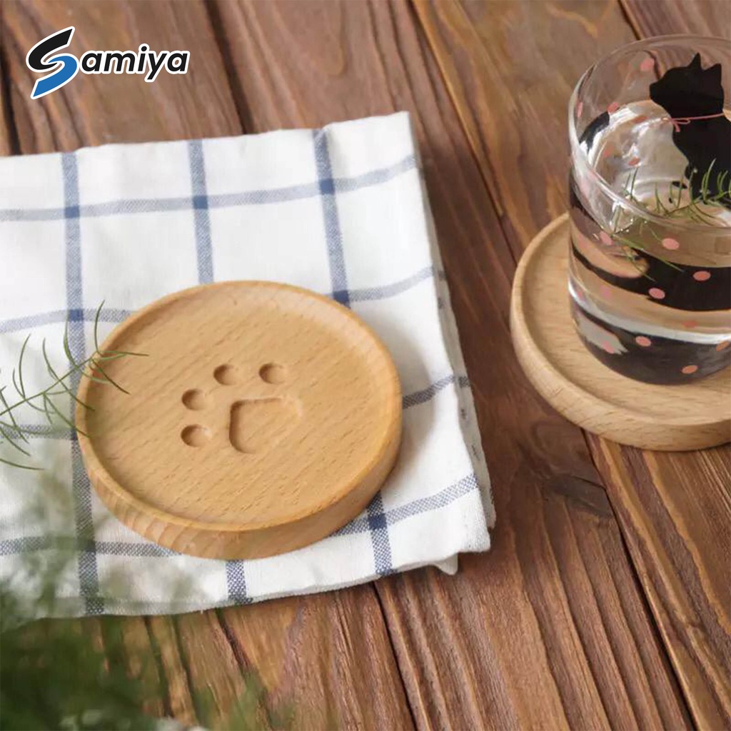 cat paw wooden coaster pad / coffee cup mat round soft wooden / alas tatakan cangkir gelas kayu