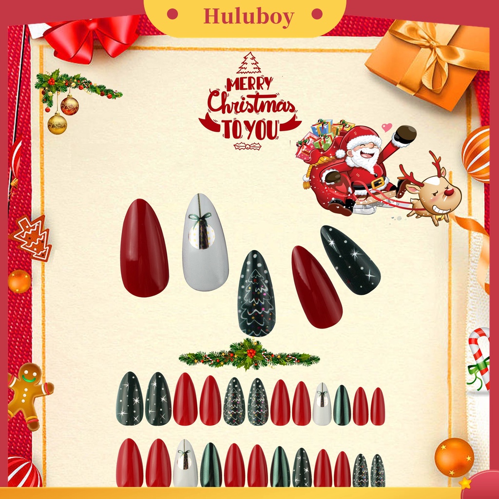 Huluboy Huluboy♡ 24pcs / Set Kuku Palsu Full Cover Desain Natal Untuk Manicure