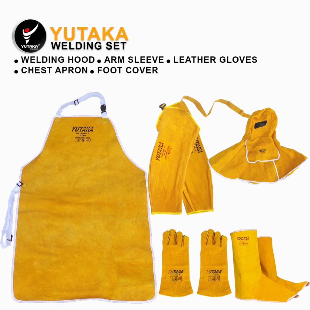 Alat Pelindung las Welding 1 Set Apron dada-arm Kaki-Lengan-topi kulit -Sarung Tangan Warna Tan