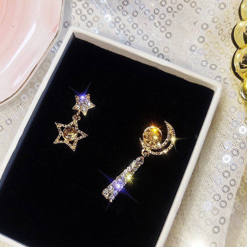 925 Perak Jarum Fashion Korea Asimetris Star Moon Anting Berlian Imitasi