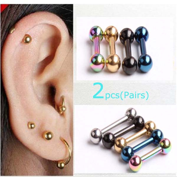 2pcs Stainless Steel Barbell Earrings Tragus Pinna Helix Piercing 16G