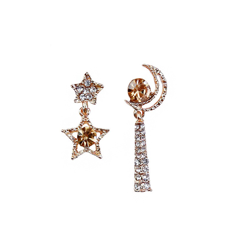 925 Perak Jarum Fashion Korea Asimetris Star Moon Anting Berlian Imitasi