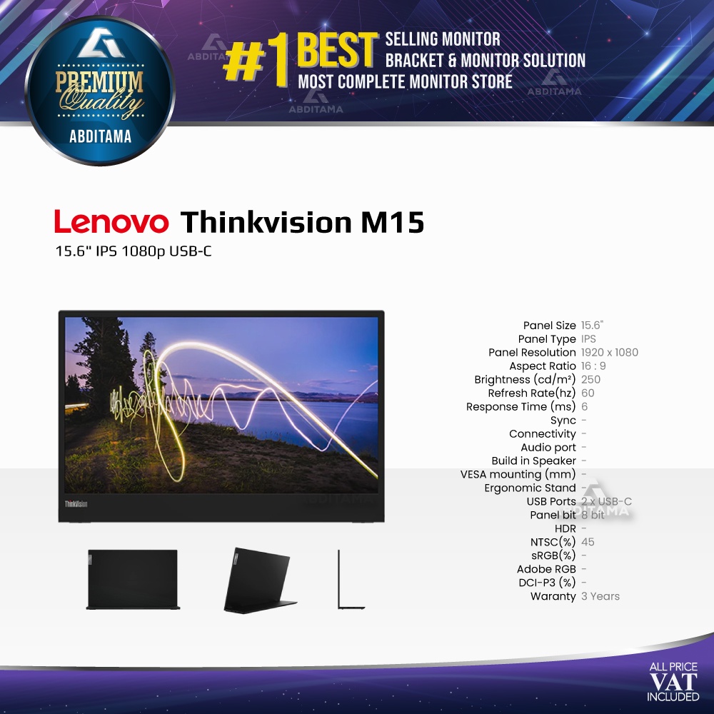 Monitor LED Portable Lenovo Thinkvision M15 15.6&quot; IPS 1080p USB-C