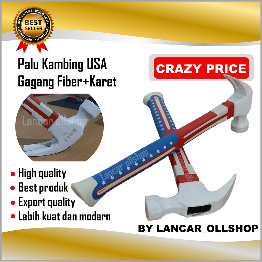 Palu Kambing Besi Martil Pencabut Paku Polos Gagang Fiber Lapis Karet Usa Murah 8oz