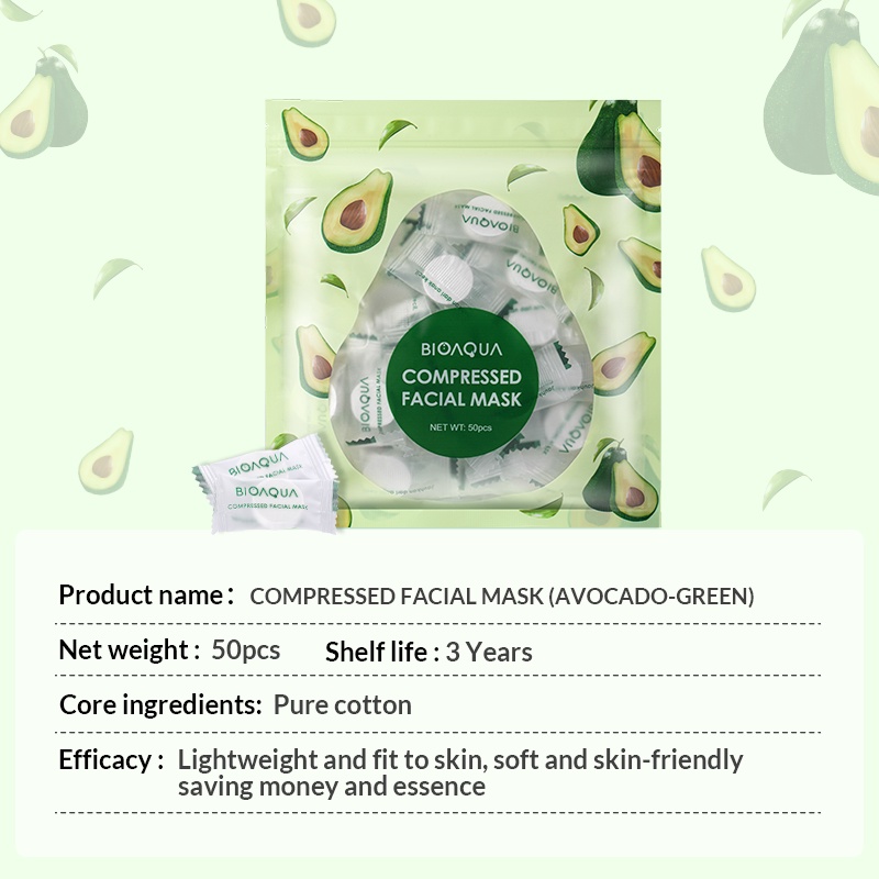 ★ BB ★  BIOAQUA Compressed Facial Face Mask Avocado Green - Peach Powder | 50pcs/Pack - BIO AQUA