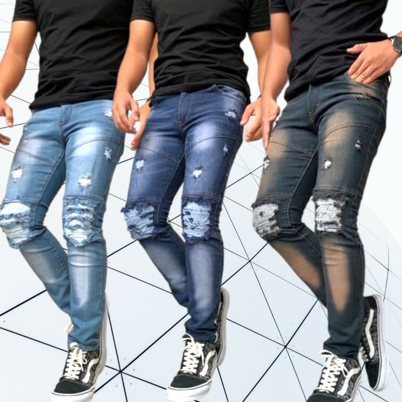CELANA JEANS SOBEK PRIA BIKER RIPPED DENIM SLIMFIT PENSIL BIG SIZE MURAH ORIGINAL