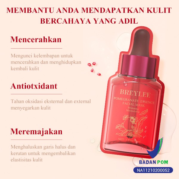 Masker Wajah BREYLEE Pomegranate Serum Facial Mask / Breylee Sheet Mask - Whitening Melembabkan, Mencerahkan &amp; Anti-Aging (30 ml)